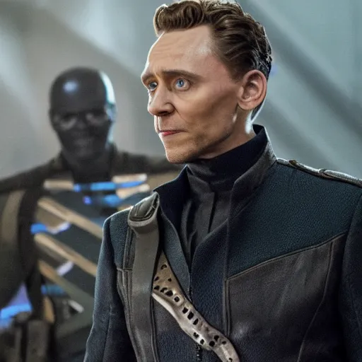 Image similar to film still of Tom Hiddleston as Nick Fury with eye patch in Avengers