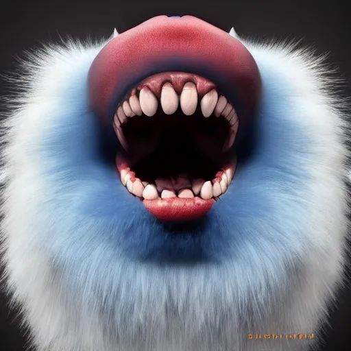 Image similar to a blue furry creature with large red lips, sharp teeth, 4 k photorealistic quality, trending on cgsociety, horror art, eerie art style