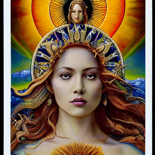 Image similar to A extremely highly detailed majestic hi-res beautiful immaculate head and shoulders award winning painting stunning masterpiece of a tarot card the sun, high detail, hyperrealistic, photorealistic, octante render, cinematic, high textures, royaltly, royal, hyper sharp, 4k insanely detailed and intricate, hypermaximalist, 8k, hyper realistic, super detailed, 4k HDR hyper realistic high by Michelangelo Merisi da Caravaggio,