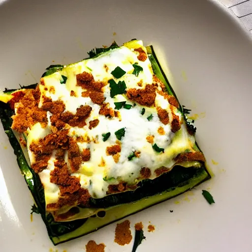 Image similar to “Zucchini lasagna with creme fraiche, ras el hanout, ground chicken, caraway seeds inside, Michelin starred restaurant, award winning photography