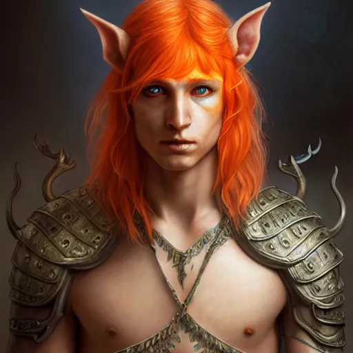 Image similar to portrait painting of an elven male teen with short light orange hair and tribal tattoos on his face wearing fur armor, ultra realistic, concept art, intricate details, eerie, highly detailed, photorealistic, octane render, 8 k, unreal engine. art by artgerm and greg rutkowski and charlie bowater and magali villeneuve and alphonse mucha