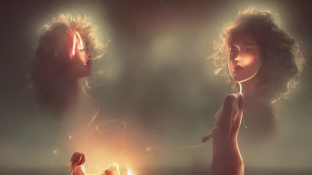 Prompt: whimsical, beautiful playful women, wearing professional makeup, standing in a lake, blowing smoke, under the stars, with a binary black hole with a ring in the sky, by Studio Ghibli, by Greg Rutkowski, by Steve Argyle, face enhance, volumetric lighting, 4k resolution, octane render, trending on artstation