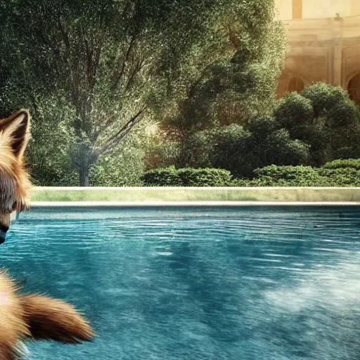 Prompt: A photorealistic scene from a CGI sci-fi film showing a lifelike anthropomorphic wolf girl(with long hair and cute big green eyes, tail raised, concerned expression, anthro wolf face, very fluffy and furry) standing in a pool in Ancient Rome, with photorealistic lighting.