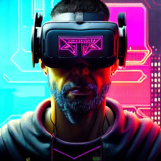 Image similar to Colour Cyberpunk 2077 style Photography of 1000 years old man with highly detailed 1000 years old face wearing higly detailed cyberpunk VR Headset designed by Josan Gonzalez Many details. . In style of Josan Gonzalez and Mike Winkelmann andgreg rutkowski and alphonse muchaand Caspar David Friedrich and Stephen Hickman and James Gurney and Hiromasa Ogura. Rendered in Blender