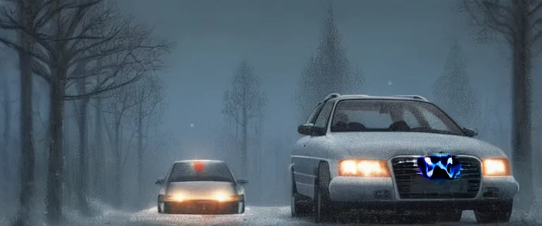 Image similar to Audi A4 B6 Avant (2002), a gritty neo-noir, dramatic bright lighting, cinematic, establishing shot, extremely high detail, photorealistic, cinematic lighting, artstation, by simon stalenhag, Snowy ukrainian road, At night, Poets of the Fall - Late Goodbye