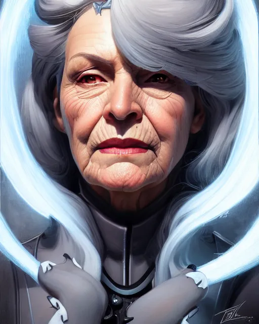 Image similar to ana from overwatch, older woman, gray hair, character portrait, portrait, close up, highly detailed, intricate detail, amazing detail, sharp focus, vintage fantasy art, vintage sci - fi art, radiant light, caustics, by boris vallejo