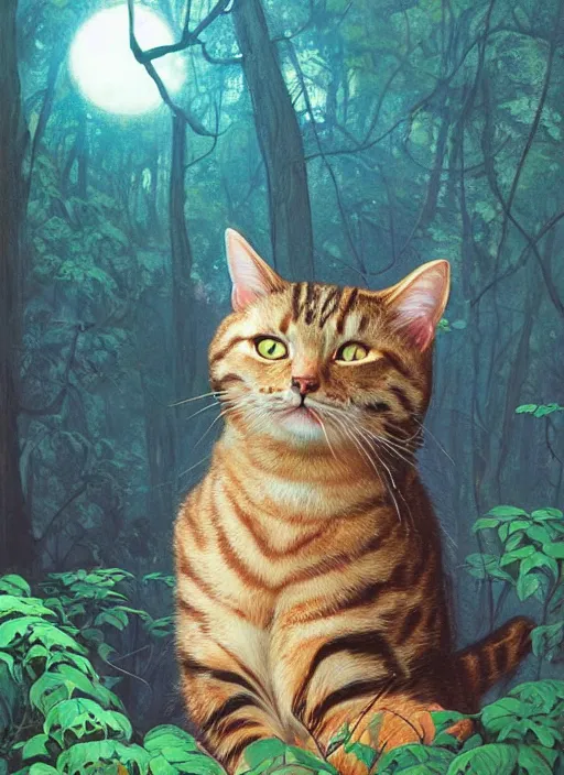 Image similar to a hyper realistic illustrated cat with happy lighting and technology jewelry in the woods gorgeous lighting, sunbeams blue sky, lush forest foliage painting by chiara bautista and beksinski and norman rockwell and greg rutkowski weta studio, and lucasfilm