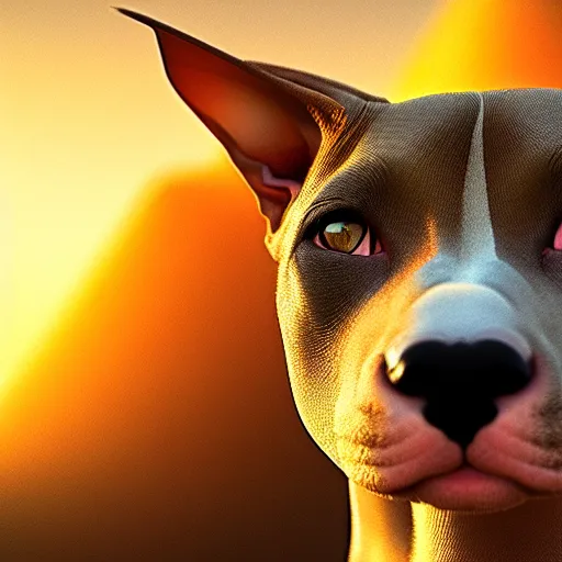 Image similar to Hybrid of a Pitbull and a sphinx cat, beautiful, golden hour, sharp focus, ultra detailed, cgsociety