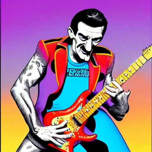 Image similar to Barry Chuckle Shredding on an electric guitar in the style of Jason Edmiston and Gary Panter