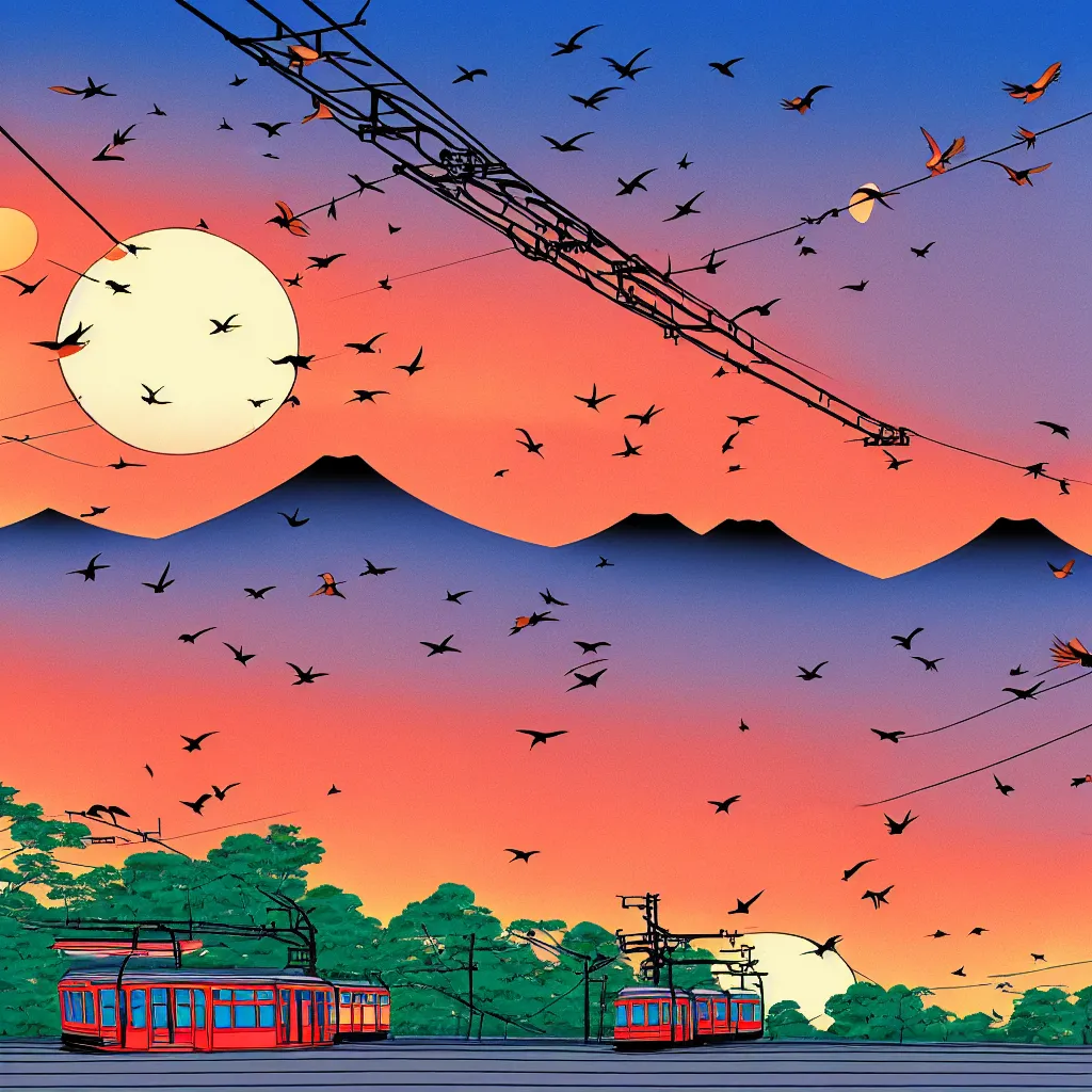 Image similar to japanese countryside landscape, tram, sunset, birds flying in the sky, hand drawn anime style