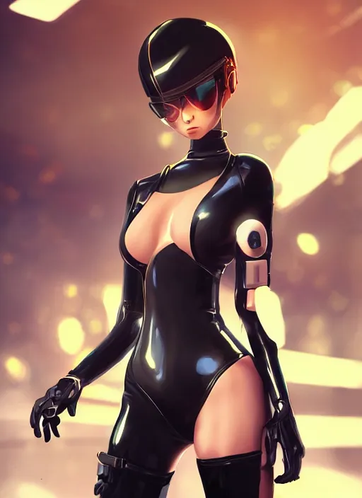 Image similar to Digital painting of a female mech pilot in a black latex bodysuit, by Ross Tran, WLOP, concept art, Artstation, 00s anime, bokeh background, complementary rim lighting, posing, no helmet