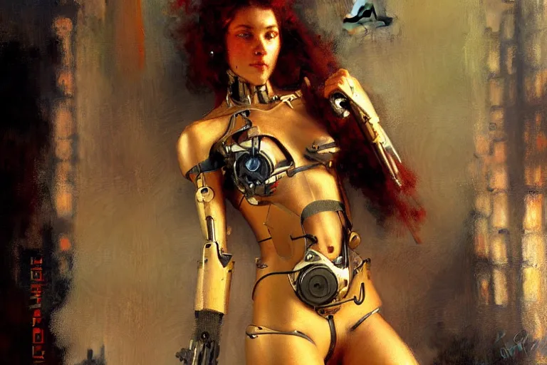 Prompt: Attractive cyborg woman, painting by Gaston Bussiere, Craig Mullins