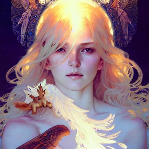 Prompt: An angelic girl with blonde hair, glowing halo, huge highly detailed wings, surrounded by foxes, fantasy, intricate, elegant, highly detailed, digital painting, artstation, concept art, smooth, sharp focus, illustration, art by Krenz Cushart and Artem Demura and alphonse mucha