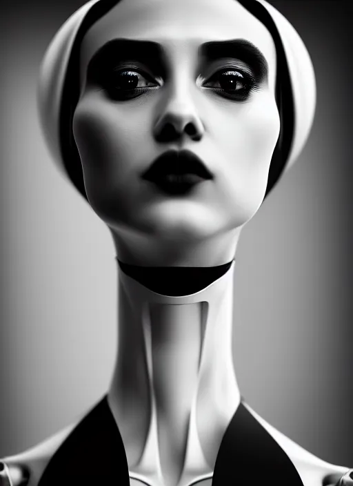 Image similar to surreal mythical dreamy dark artistic black and white fine art fashion portrait photo of a young beautiful delicate female robot - nun, rim light, cinematic, studio dramatic light, poetic, masterpiece, octane render, 8 k, photo - realistic by gustave dore william black