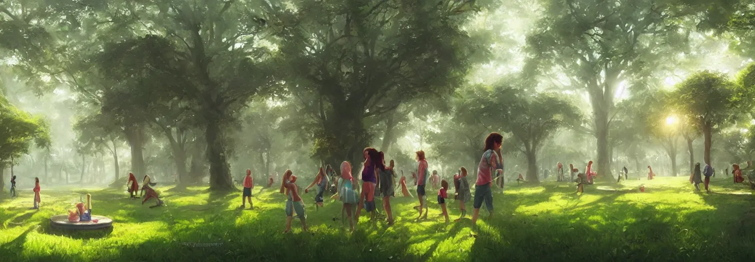 Image similar to beautiful sunny day in a green lush park, kids playing, soft warm lighting, highly detailed, digital painting, trending on artstation, concept art, sharp focus, illustration, art by artgerm and greg rutkowski and magali villeneuve