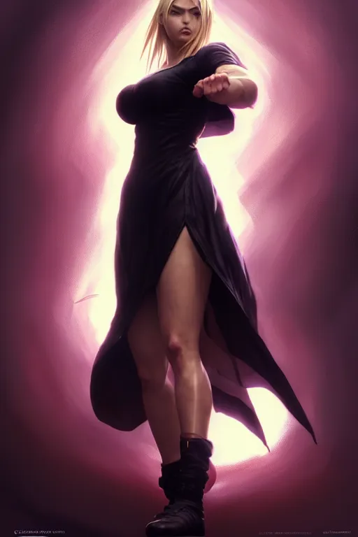 Image similar to Tekken 4 fighter anime Stunning Portrait of Kate Upton wearing a long black dress by Greg Rutkowski, blonde long hair, in a fighting stance, digital painting, artstation, concept art, soft light, hdri, smooth, sharp focus, illustration, art by tian zi, craig mullins, Mark Arian, WLOP, alphonse mucha