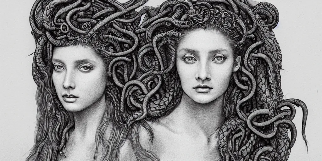 Image similar to realistic portrait of a beautiful medusa with her snake hair, 1450, ink, ultra realistic, 8k