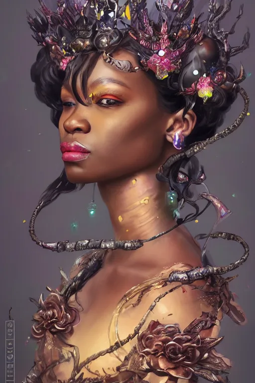 Image similar to beautiful black model wearing crystal crown full of jewels, warhammer, cyberpunk, 3 d render, hyper realistic detailed portrait, holding magic flowers, scifi, fantasy, hyper detailed, octane render, concept art, peter mohrbacher, artgerm, ruan jia, wlop