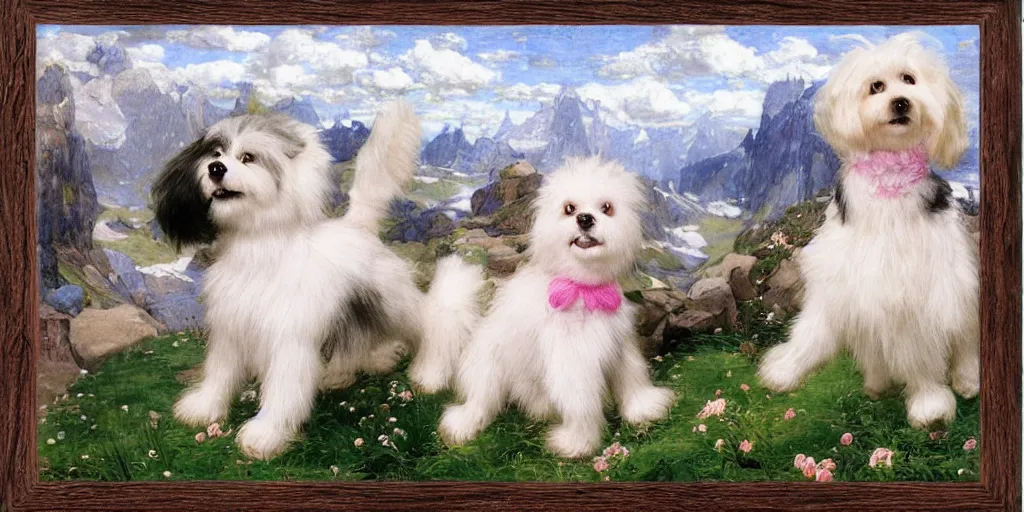 Prompt: 3 d precious moments plush dog with realistic fur and an blue / white / gray / green / pink / tan / mid pink / blue gray color scheme, snowy mountain landscape, master painter and art style of john william waterhouse and caspar david friedrich and philipp otto runge