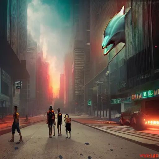 Image similar to apocalyptic, dolphin aliens walking on the future streets. smoke. volumetric lighting, sharp focus, ultra detailed, cgsociety - w 1 0 2 4 - n 8 - i