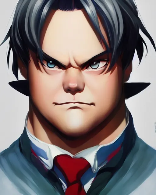 Image similar to anime portrait of Jack Black as an anime man by Stanley Artgerm Lau, WLOP, Rossdraws, James Jean, Andrei Riabovitchev, Marc Simonetti, and Sakimichan, trending on artstation