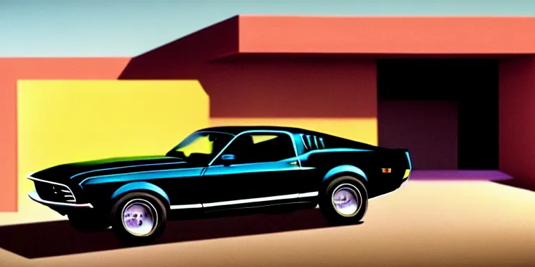 Image similar to a cinematic keyframe matte painting of a sleek 1 9 7 0 s vaporwave concept retro - futurism sci - fi ford mustang fast back knight rider blacked out car in an open garage in the american southwest, view from the street. cactus. by eric lafforgue, glennray tutor and edward hopper, greg rutkowski. trending on artstation.