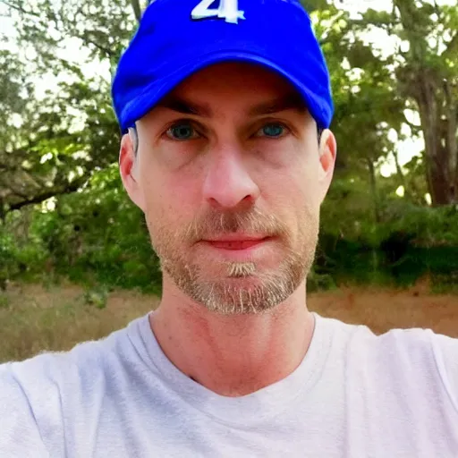 Image similar to color photograph of a 40 year old very handsome white skinny man with short, curly, blond hair and very small blue eyes, dressed in a white t shirt, gray shorts and a gray cabby cap, with a small mole to the right of his very thin lips, with a straight nose and blond stubble, with a round face, and an earring in the left ear. He resembles a lion.