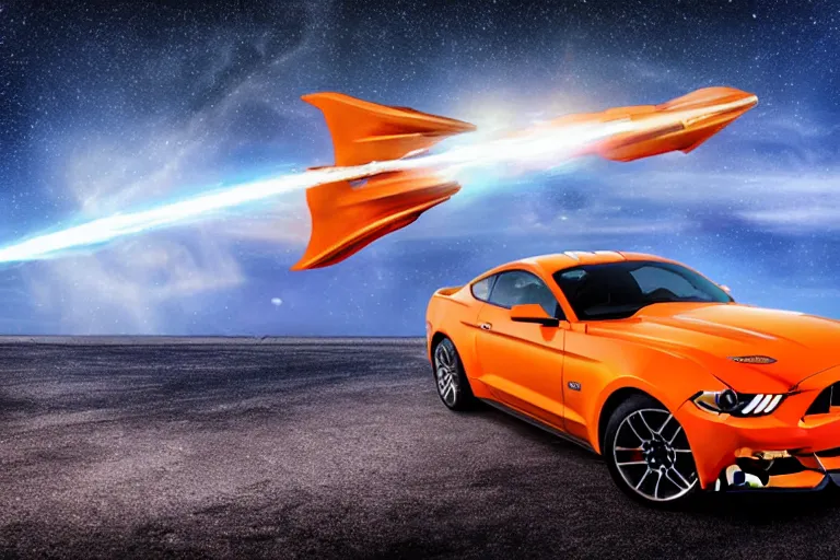 Image similar to a photo hyperrealistic spaceship flying in universe made out of bright orange Ford Mustang