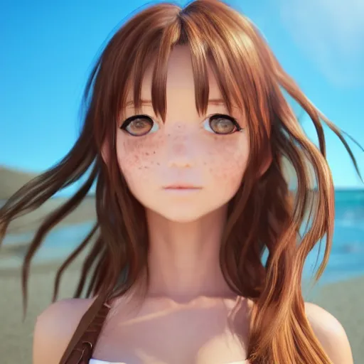 Image similar to Render of a very beautiful 3d anime girl, long hair, hazel eyes, cute freckles, full round face, short smile, cute sundress, golden hour, serene beach setting, medium shot, mid-shot, highly detailed, trending on Artstation, Unreal Engine 4k