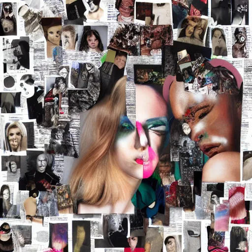 Prompt: a chaotic collage made out of fragments of printed images taken from the internet, fashion magazines, and family photographs all coming together to form hybrid faces with twisted features in the Dadaesque style, mixed media