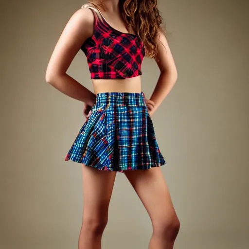 Image similar to teen girl in plaid mini skirt and crop top, intricate, extremely detailed, modeling photography, 8 0 mm camera