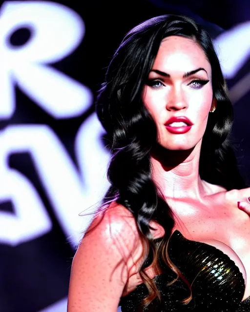 Image similar to megan fox with dark eye makeup, fancy vegas show girl in on stage, long windblown black hair octane