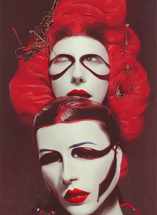 Prompt: an 8 0 s portrait of a woman with dark eye - shadow and red lips with dark slicked back hair, a mask made of wire and beads, dreaming acid - fueled hallucinations, hallucination psychedelic by serge lutens, rolf armstrong, delphin enjolras, peter elson, red cloth background, frilled puffy collar