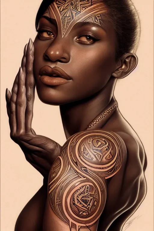 Image similar to symmetrical body portrait of beautiful nubian tribal tattooed young woman, intricate, elegant, highly detailed, digital painting, artstation, concept art, smooth, sharp focus, illustration, art by artgerm and greg rutkowski and alphonse mucha, 8 k