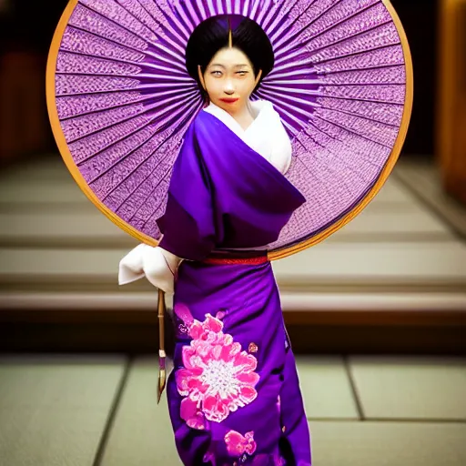 Image similar to Japanese geisha with beautiful violet paper fan, 4k photography, 30 mm lens, cinematic light, warm atmosphere, in style of Kar Wai Wong