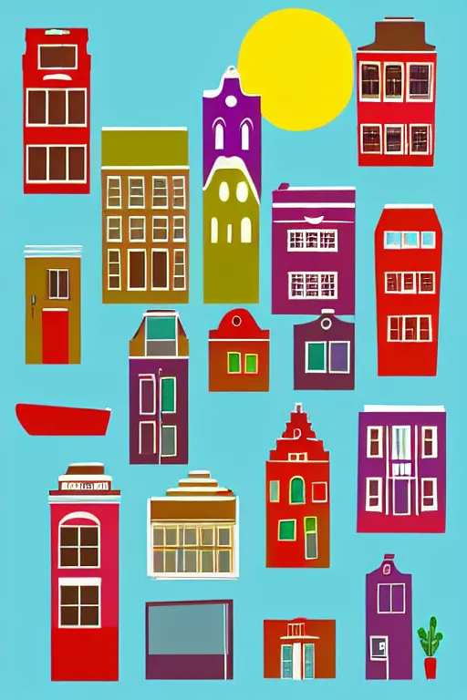 Prompt: minimalist boho style art of colorful amsterdam at sunrise, illustration, vector art