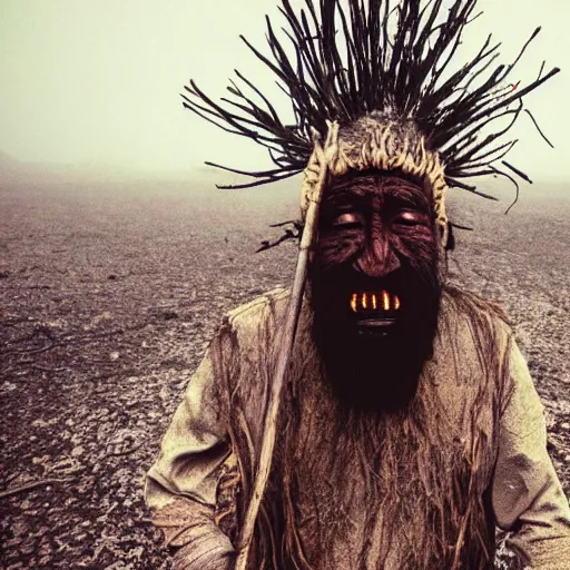 Prompt: full body shot of old asian man with long beard, his head covered in roots, full face occult silver mask, glowing eyes, holding a large carved wooden fractal stick, thick smoke around him, in the burning soil desert, cinematic shot, wide angle, desert background, volumetric lighting by Denis Villeneuve, Lubezki, Gaspar Noe, Christopher Doyle and Alejandro Jodorowsky, anamorphic lens, anamorphic lens flares, kodakchrome, cinematic composition, practical effects, award winning photo, 8k