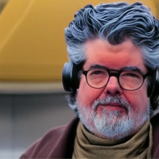 Image similar to a cinematic photo of george lucas dressed as a jedi on his way to work at the kwik - e - mart from the simpsons, beautiful, breaking bad, canon, elegant, star wars, 4 k,