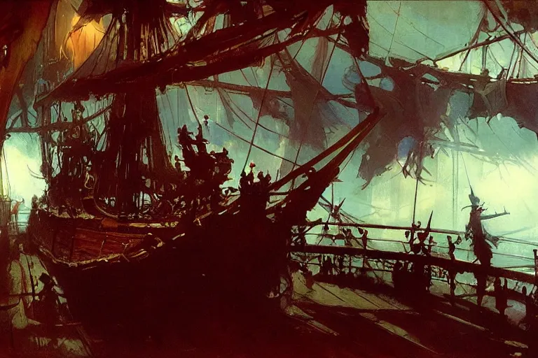 Image similar to pirate ship deck interior, intricate, elegant, highly detailed, vivid colors, john harris, frazetta, tyrus wong, ruan jia, jeffrey catherine jones