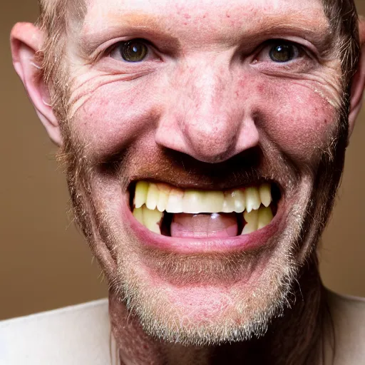 Image similar to photo of a 5 0 year old skinny tall ginger men with rotten stained big yellow teeth, ugly appearance, psoriasis disease, 8 5 mm, f / 1. 3