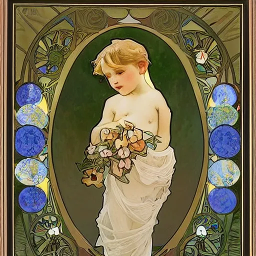 Prompt: art nouveau painting by Alphonse Mucha of a little boy with blonde hair and a round cherubic face. The painting is framed by flowers. Soft, muted colors, dreamy aesthetic.