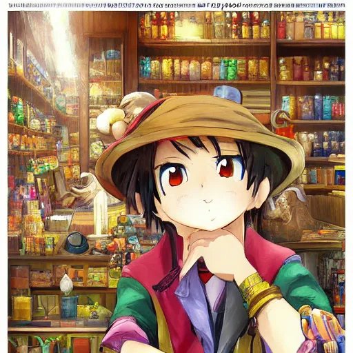 Image similar to Anime artwork of Anthropomorphized parrot trader in his shop, shelves full, selling a gem, portrait, items, magic potions, carpet, window, fancy funny hat, sly expression , cunning expression, cute expression, presenting magic gem, D&D, fantasy, cinematic lighting, highly detailed, digital painting, artstation, concept art, smooth, sharp focus, illustration, warm light, cozy warm tint, magic the gathering artwork, volumetric lighting, 8k, no gold, no gold colours, art by Akihiko Yoshida and Greg Rutkowski