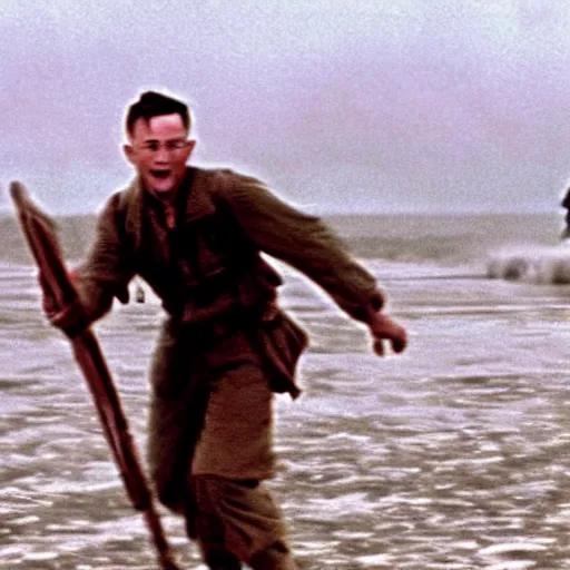 Image similar to film still from Saving Private Ryan of Daniel Radcliffe storming Normandy beach, while riding a magic broom