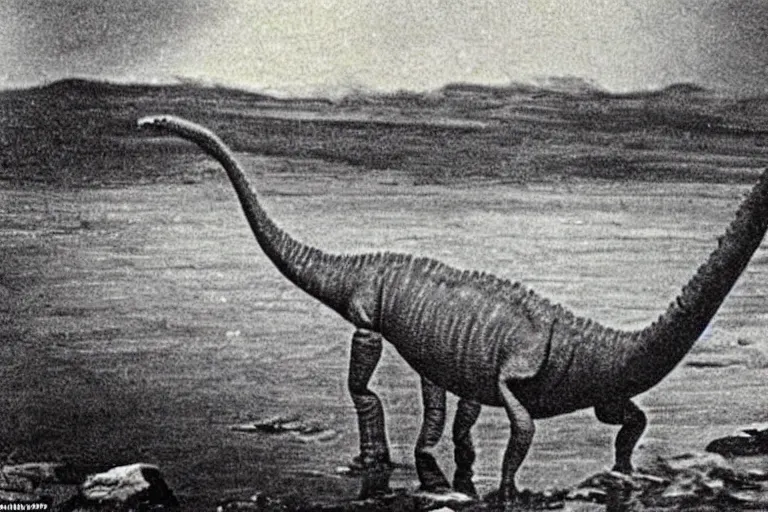 Prompt: The first picture ever taken on earth, at the time of dinosaurs, 65 million years ago. There are diplodocus and a stegosaurs. The edges of the picture were partially burned in a fire, long time ago. And a flood has left stain marks on the picture