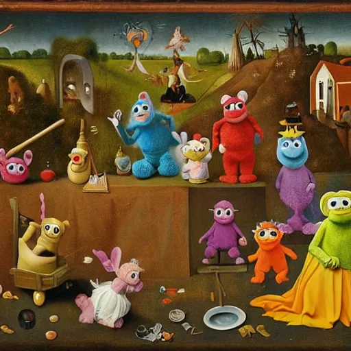 Image similar to painting of muppets and teletubbies and furbies, in the style of hieronymus bosch and johannes vermeer