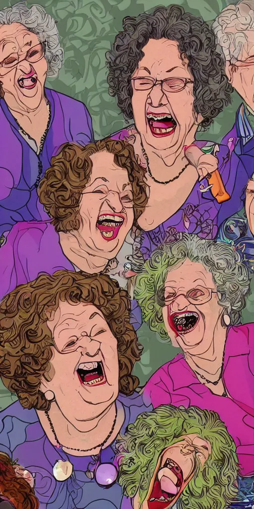 Image similar to laughing grandmas on acid in the house