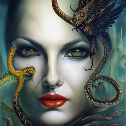 Prompt: the devil and a serpent, ethereal, painting by karol bak