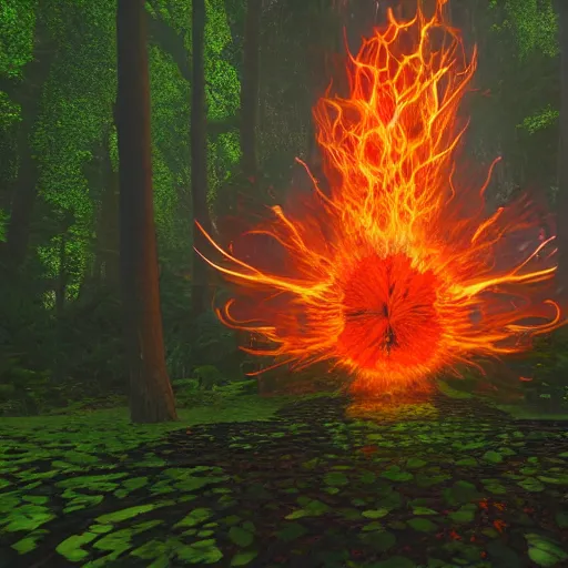 Image similar to a beautiful firey portal to another dimension, floating in the air, in a forest clearing, hyper detailed, 8 k