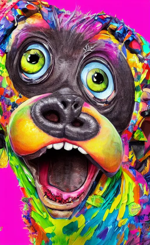 Prompt: a bright and colorful detailed photorealistic painting of a funny looking character. the character is making a silly face and the background is filled with happy looking animals. high quality. hq hd 4 k. award winning. trending on artstation