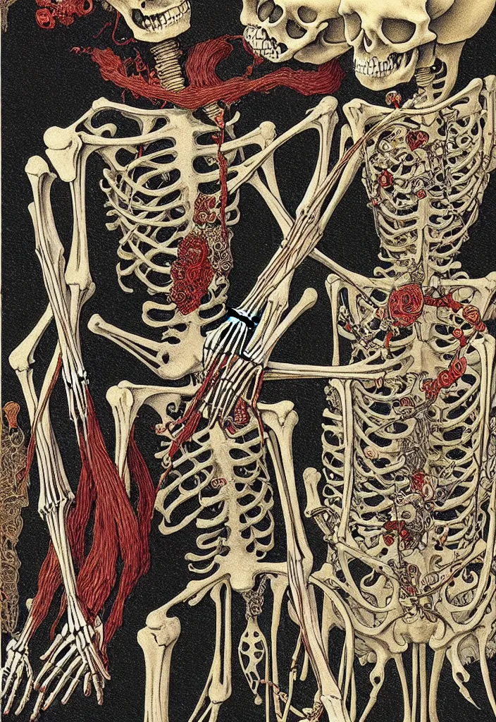 Prompt: prompt: old Victorian painting frame made out of skeleton and trinkets drawn by Takato Yamamoto, alchemical objects inspired by 1980's sci-ci, old experimentation cabinet, intricate oil painting detail, manga 1980